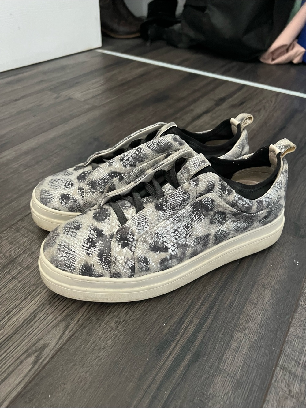 J Slides Women's Snake Print Slip-On Sneakers in Gray and White
